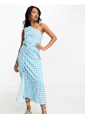ASOS One-Shoulder Blue and White Gingham Dress